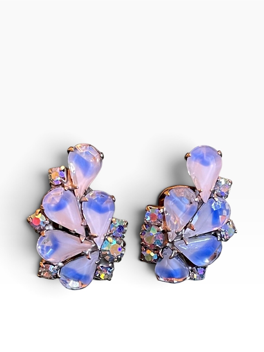 1950’s Sabrina Glass Aurora Borealis Cluster Clip On Earrings